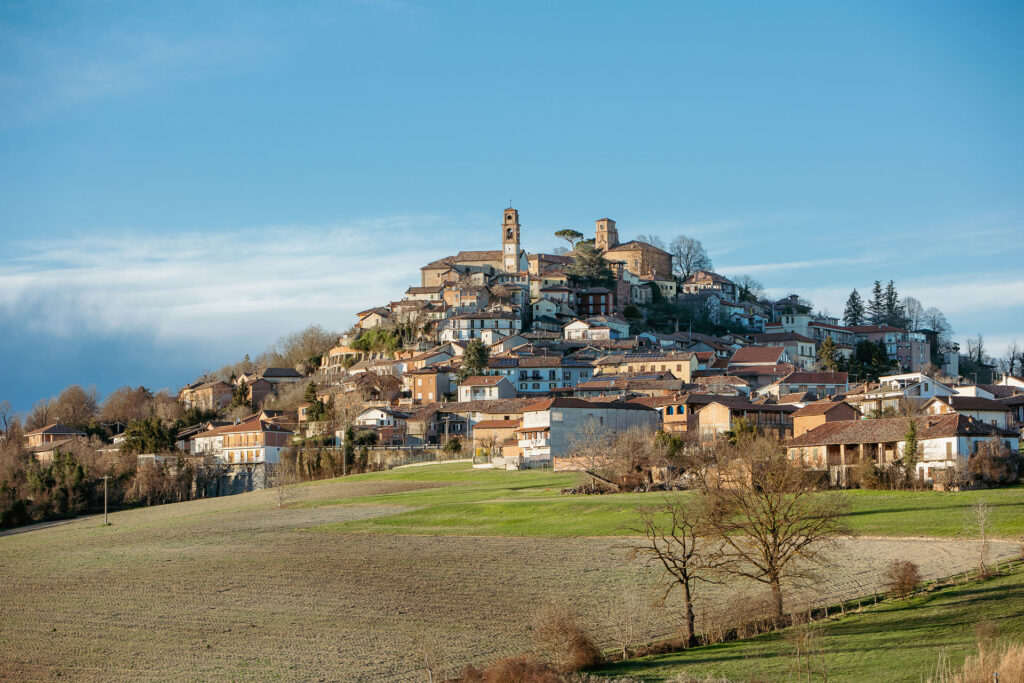 Veduta panoramica su Montiglio Monferrato con il borgo e le colline